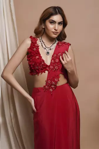 ready to wear red pre-stitched draped saree