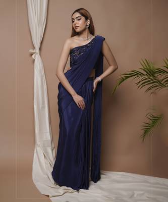 ready to wear navy pre-stitched draped saree 1