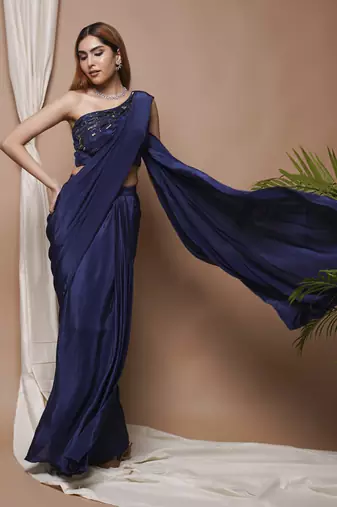 ready to wear navy pre-stitched draped saree