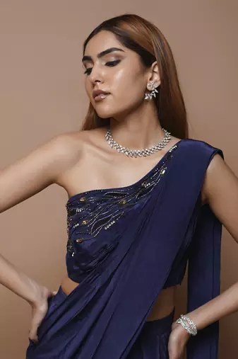 ready to wear navy pre-stitched draped saree