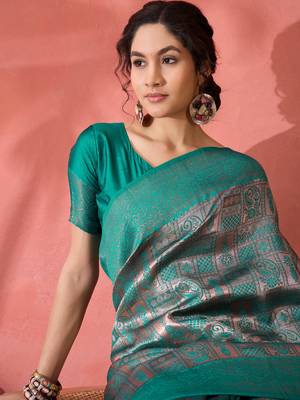 teal Poly silk saree with jacquard work & printed design 2
