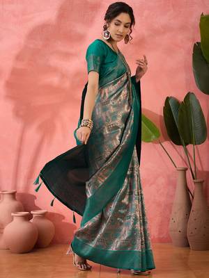 teal Poly silk saree with jacquard work & printed design 3