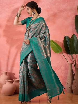 teal Poly silk saree with jacquard work & printed design 4