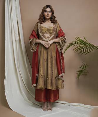 Golden tissue silk anarkali suit set 1