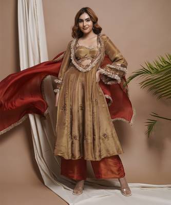 Golden tissue silk anarkali suit set 2
