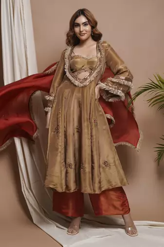 Golden tissue silk anarkali suit set
