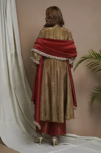 Golden tissue silk anarkali suit set
