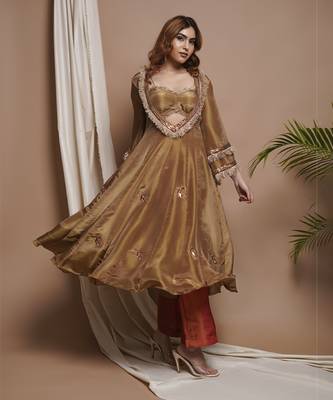 Golden tissue silk anarkali suit set 4