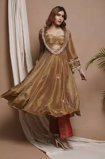 Golden tissue silk anarkali suit set