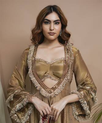 Golden tissue silk anarkali suit set 5