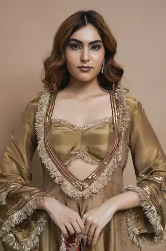Golden tissue silk anarkali suit set