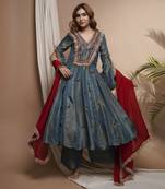 Blue red tissue silk anarkali suit set