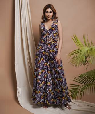 Violet printed vest coat and palazzo set 1