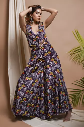 Violet printed vest coat and palazzo set