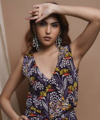 Violet printed vest coat and palazzo set 4