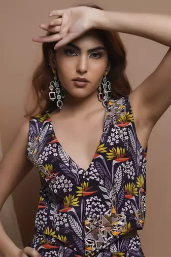 Violet printed vest coat and palazzo set