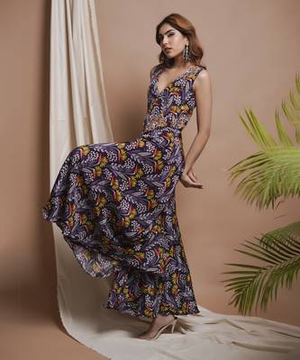 Violet printed vest coat and palazzo set 5