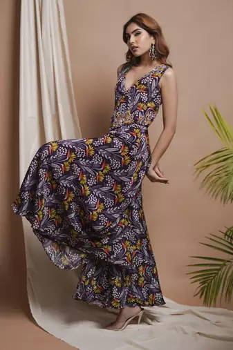 Violet printed vest coat and palazzo set