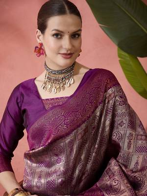 purple Poly silk saree with jacquard work & printed design 2