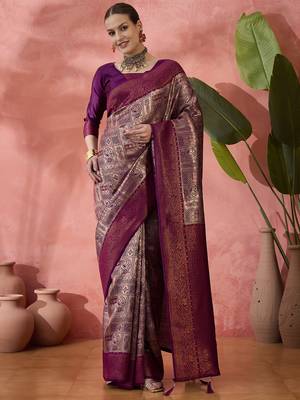 purple Poly silk saree with jacquard work & printed design 3