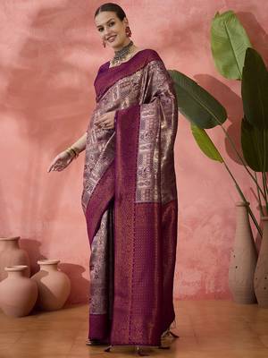 purple Poly silk saree with jacquard work & printed design 4