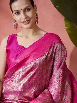 Rani pink Poly silk saree with jacquard work & printed design 2