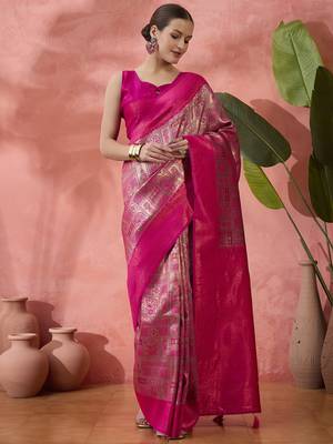 Rani pink Poly silk saree with jacquard work & printed design 3