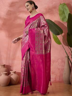 Rani pink Poly silk saree with jacquard work & printed design 4