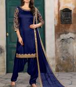 Blue embroidery zari work art silk straight patiala- semi stitched(size upto 42")