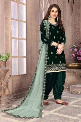 Dark green embroidery zari work velvet straight patiala-semi stitched(size upto 42") 1