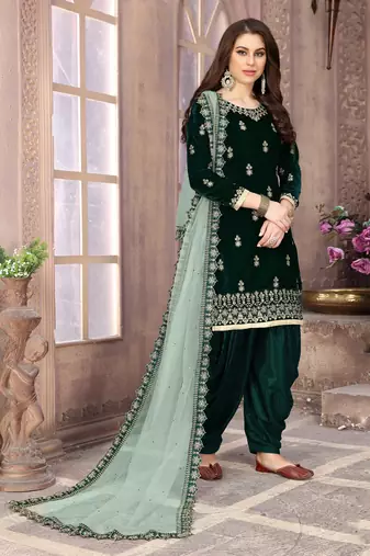 Dark green embroidery zari work velvet straight patiala-semi stitched(size upto 42")