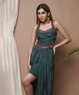 Bottle green backless drape skirt set 2