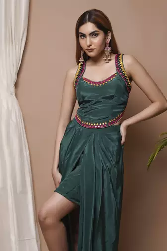 Bottle green backless drape skirt set