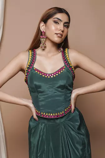 Bottle green backless drape skirt set