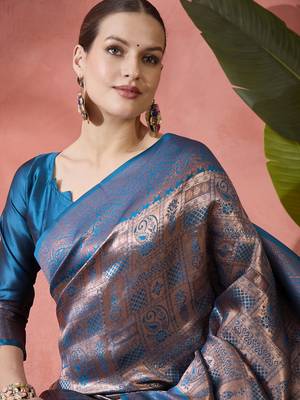 Blue Poly silk saree with jacquard work & printed design 2