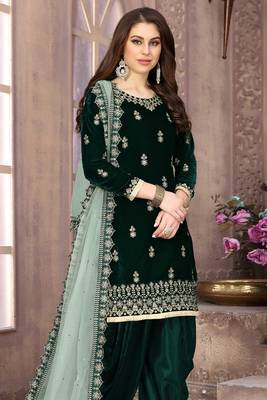 Dark green embroidery zari work velvet straight patiala-semi stitched(size upto 42") 2