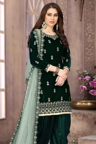 Dark green embroidery zari work velvet straight patiala-semi stitched(size upto 42")
