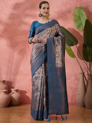 Blue Poly silk saree with jacquard work & printed design 3