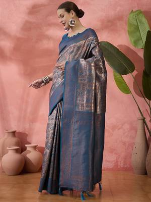 Blue Poly silk saree with jacquard work & printed design 4