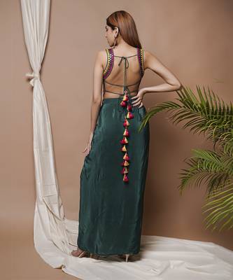 Bottle green backless drape skirt set 4