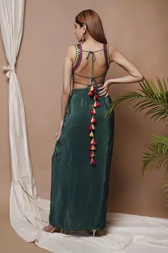 Bottle green backless drape skirt set