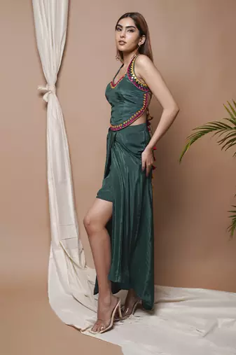 Bottle green backless drape skirt set