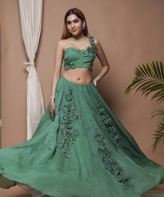 Bright Green 3-D Organza Indo Lehenga Set 1