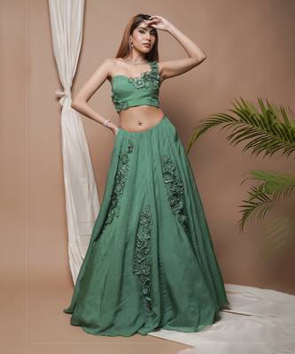 Bright Green 3-D Organza Indo Lehenga Set 2