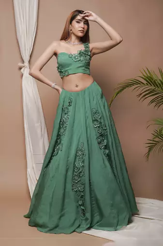 Bright Green 3-D Organza Indo Lehenga Set
