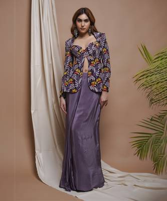 Violet digital printed coat and drape skirt set 1