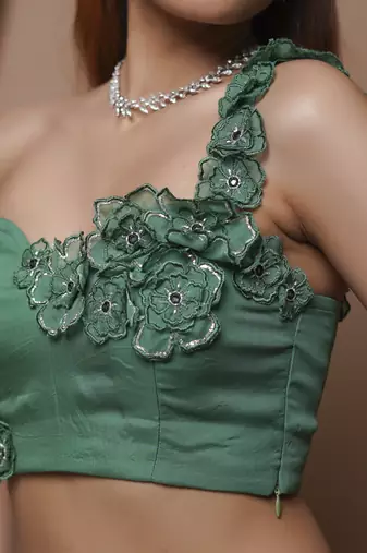 Bright Green 3-D Organza Indo Lehenga Set