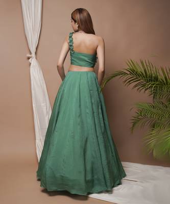 Bright Green 3-D Organza Indo Lehenga Set 4