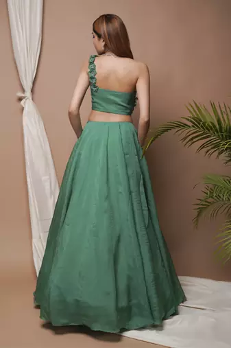 Bright Green 3-D Organza Indo Lehenga Set