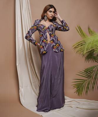 Violet digital printed coat and drape skirt set 2